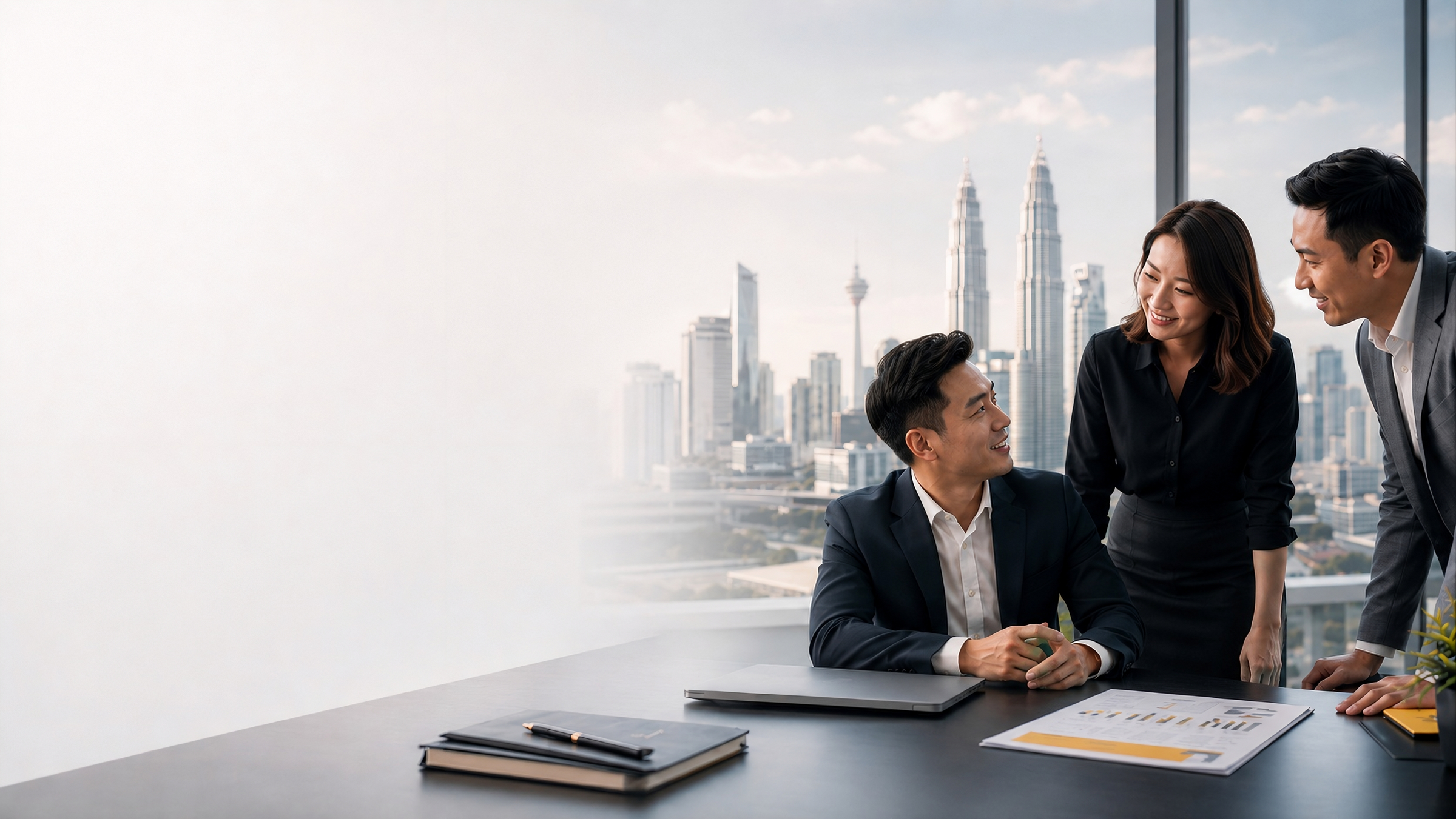 Business professionals discussing Malaysia-related cash management in an office overlooking Kuala Lumpur.